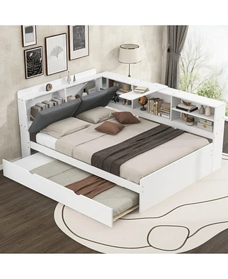 Wood Full Size platform bed with Trundle, Shelves and Storage Headboard