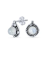 Bling Jewelry Bali Boho Bezel Set Ornate Round Stud Earrings Oxidized .925 Sterling Silver