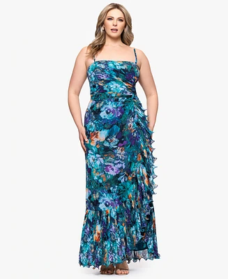 Xscape Plus Printed Ruffled Sleeveless Maxi Dress