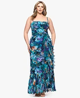Xscape Plus Printed Ruffled Sleeveless Maxi Dress