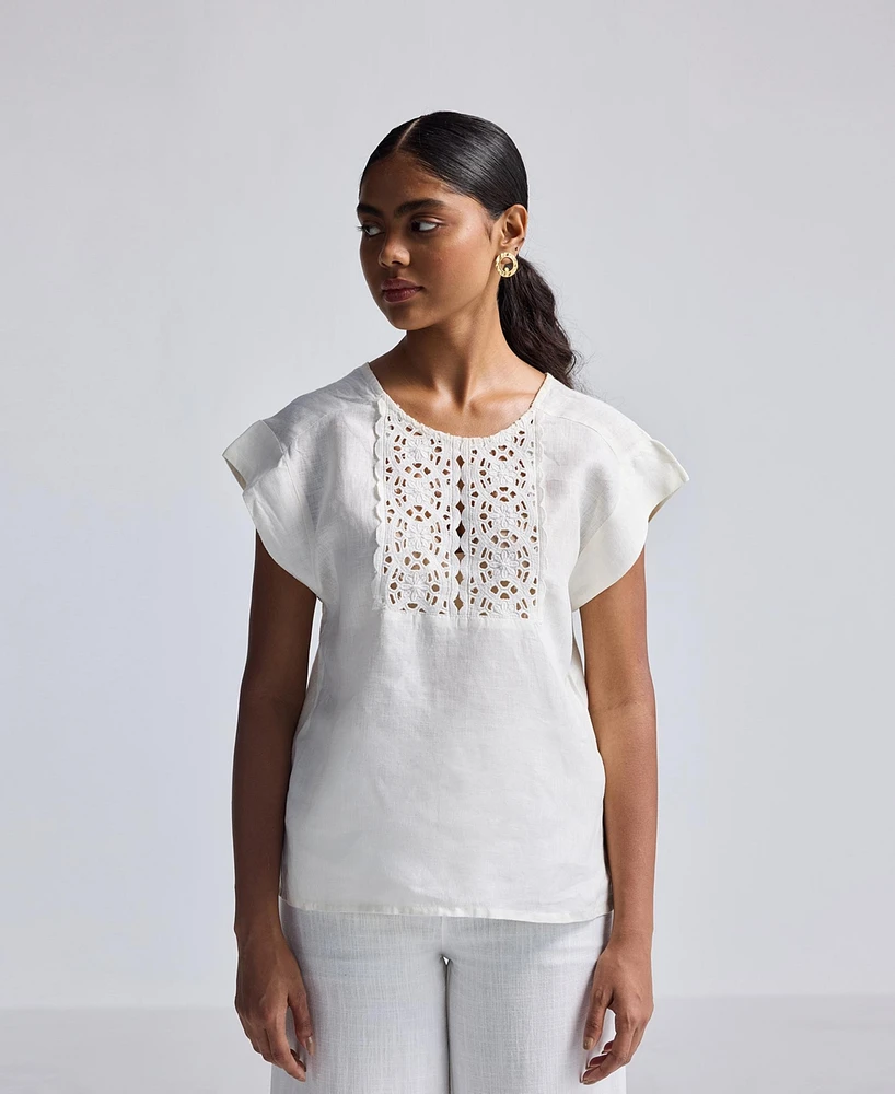 Reistor Women's Boxy Top with Embroidered Lace Detail