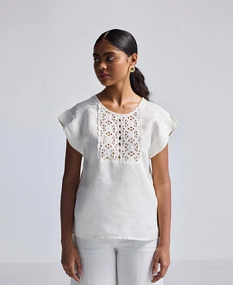 Reistor Women's Boxy Top with Embroidered Lace Detail