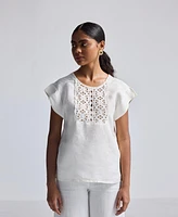 Reistor Women's Boxy Top with Embroidered Lace Detail