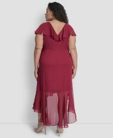 Dkny Plus V-Neck Ruffled High-Low Hem Dress