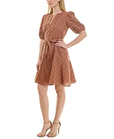Taylor Petite Split-Neck Puff-Sleeve Fit & Flare Dress