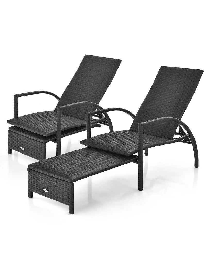 Gymax 2PCS Outdoor Chaise Lounge Rattan Recliner w/ Retractable Ottoman for Patio