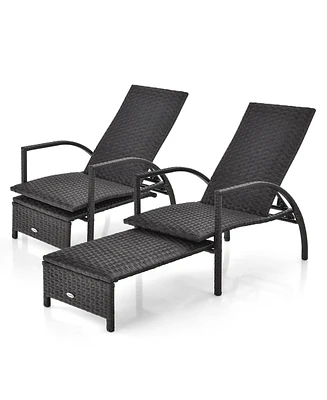 Gymax 2PCS Outdoor Chaise Lounge Rattan Recliner w/ Retractable Ottoman for Patio