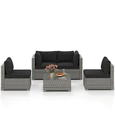 5-Piece Outdoor Patio Sectional Sofa Couch and Glass Coffee Table with Cushions