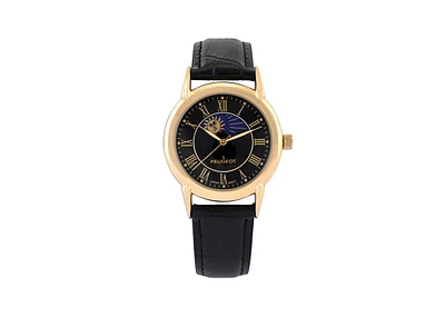 Peugeot Men's 40mm Vintage Black Dial Sun Moon Black Leather Strap Watch