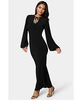 Bebe Women's Poet Sleeve Tie Neck Maxi Dress