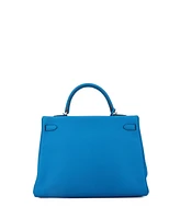 Pre-Owned Hermes Kelly 35 Handbag Blue Clemence with Palladium Hardware