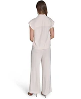 Halston Womens Cap Sleeve V Neck Blouse Soft Suiting Wide Leg Pull On Pants