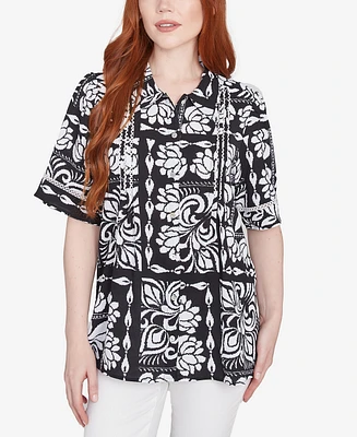 Ruby Rd. Petite Lotus Patchwork Button Front Camp Shirt