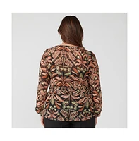 Thalia Blooms Neutral Beige Floral Long Sleeve Wrap Top