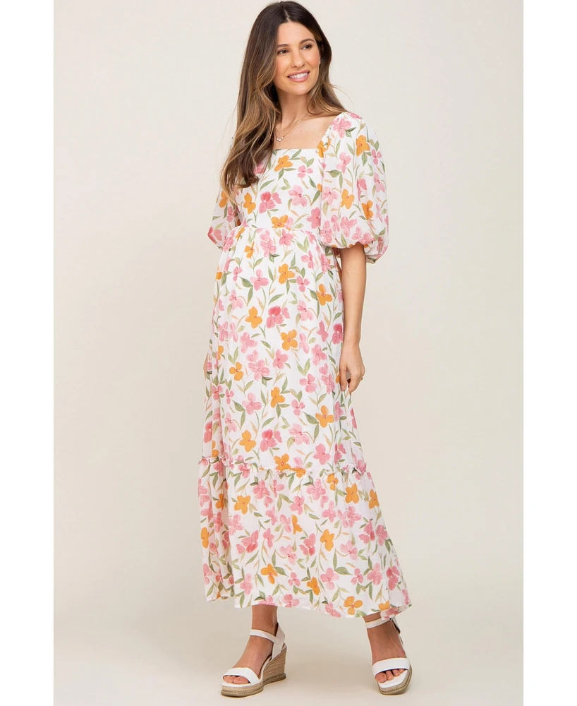 Pinkblush Maternity White Floral Puff Sleeve Maxi Dress