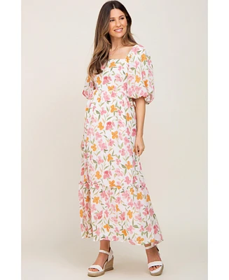 Pinkblush Maternity White Floral Puff Sleeve Maxi Dress