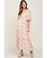 Pinkblush Maternity White Floral Puff Sleeve Maxi Dress