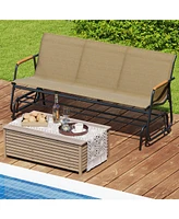 Patio Glider Bench with Curved Teak Armrests and Breathable Fabric Seat for 3 People
