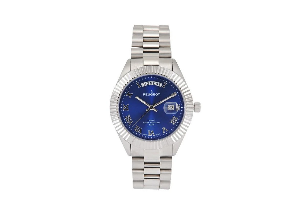 Peugeot Men's 40mm Blue Face Fluted Bezel Steel Bracelet Watch