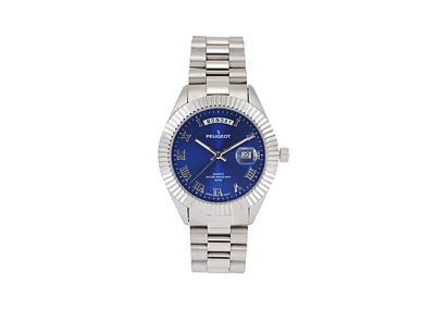 Peugeot Men's 40mm Blue Face Fluted Bezel Steel Bracelet Watch