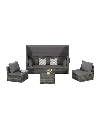 5 Piece Outdoor Daybed Set with Retractable Canopy and Side Table