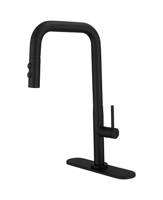 Single Handle Pull-Down Sprayer 1 Spray High Arc Kitchen Faucet With Deck Plate in Matte Black
