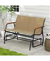 Slickblue Patio Glider Bench with Curved Teak Armrests and Breathable Fabric Seat for 2 People
