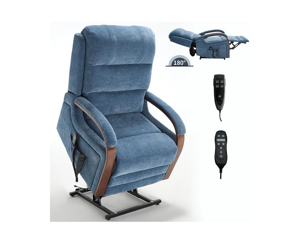 Power Chenille Lift Recliner Chair Dual Motor Infinite Position Up to 350 Lbs with Solid Wood Armrests, Heat Massage and Heavy Duty Motion Mechanism