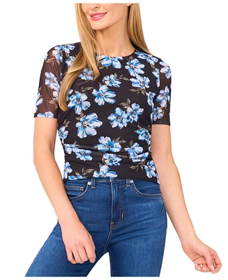 CeCe Women's Short Sleeve Ruched Side Mesh Top