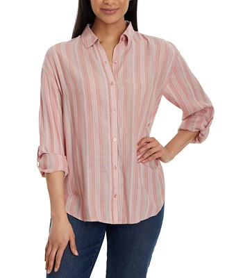 Gloria Vanderbilt Women's Amanda Striped Roll-Tab-Sleeve Button-Front Shirt - Guava Ice