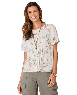 Democracy Petite Printed Twist-Front Short-Sleeve Top