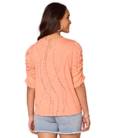 Democracy Petite Printed Ruched-Sleeve Scoop-Neck Top