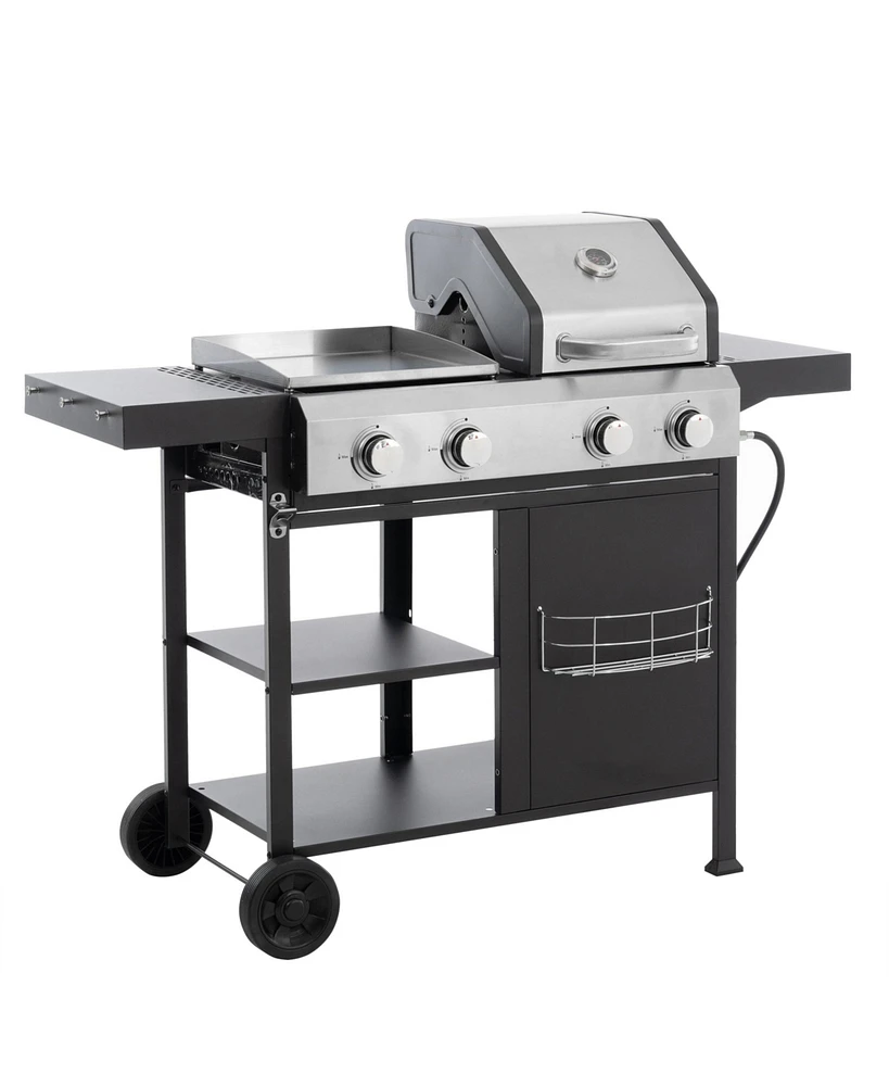 Stainless Steel 4-Burner 49200 Btu Propane Gas Barbecue Grill with Lid, 4 Wheels