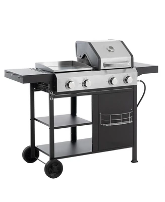 Stainless Steel 4-Burner 49200 Btu Propane Gas Barbecue Grill with Lid, 4 Wheels