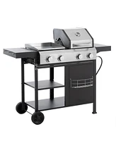 Stainless Steel 4-Burner 49200 Btu Propane Gas Barbecue Grill with Lid, 4 Wheels