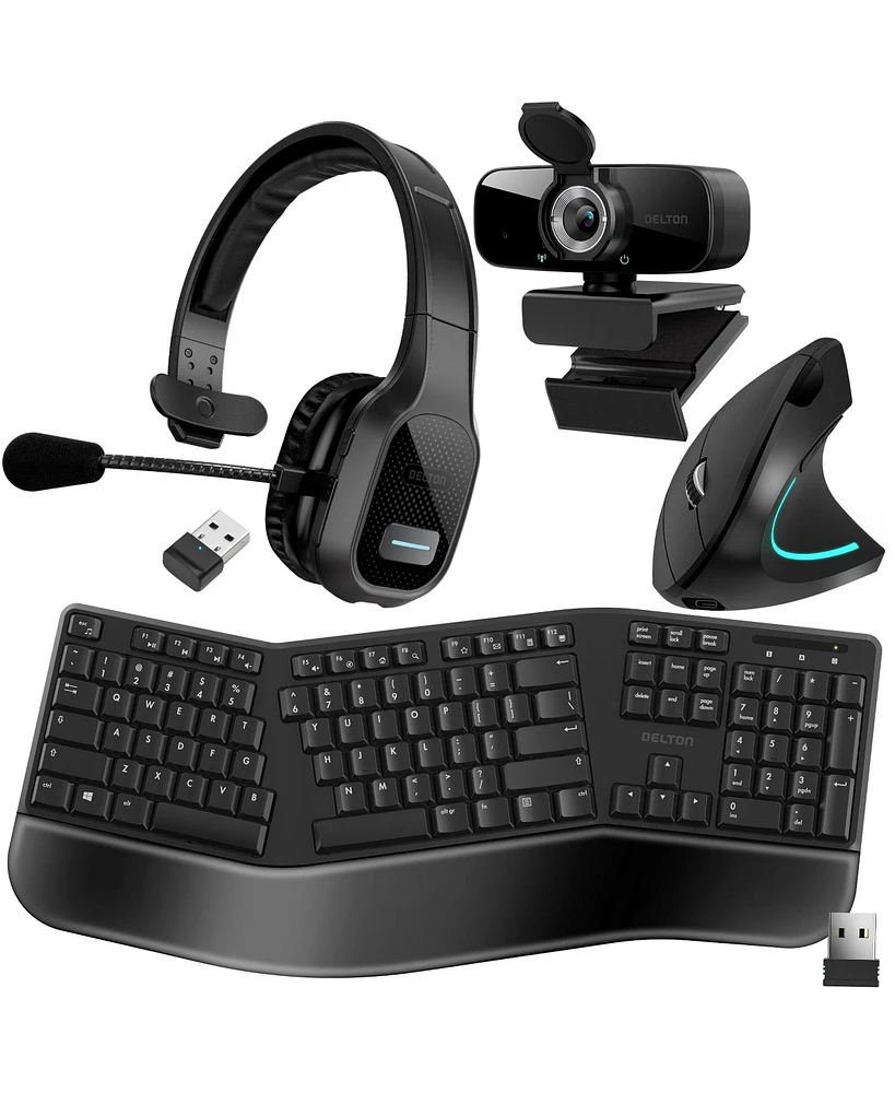 Delton 20X Wireless Computer Headset with Noise Cancelling Mic, Bluetooth Headphones Kit includes 1080p Hd Webcam and Ergonomic Vertical Mouse and Key