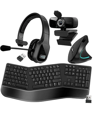 Delton 20X Wireless Computer Headset with Noise Cancelling Mic, Bluetooth Headphones Kit includes 1080p Hd Webcam and Ergonomic Vertical Mouse and Key