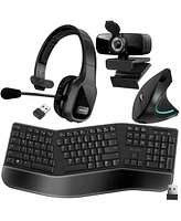 Delton 20X Wireless Computer Headset with Noise Cancelling Mic, Bluetooth Headphones Kit includes 1080p Hd Webcam and Ergonomic Vertical Mouse and Key