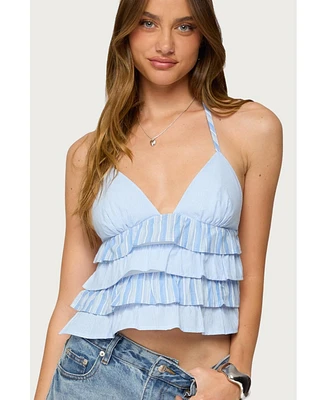 Edikted Women's Tiered Ruffle Backless Striped Halter Top