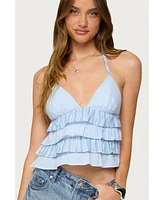 Edikted Women's Tiered Ruffle Backless Striped Halter Top