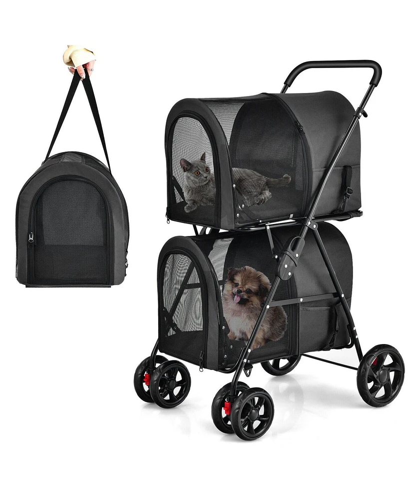 4-in-1 Double Pet Stroller with Detachable Carrier and Travel Carriage