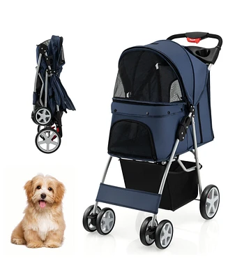 Folding Pet Stroller with Storage Basket and Adjustable Canopy