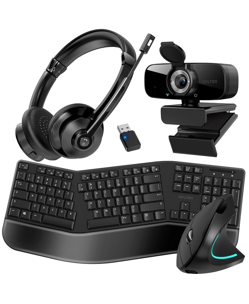 Delton KB200 Ergonomic Wireless Keyboard & S12 Vertical Mouse , 1080p Usb Webcam with Adjustable Mounting Clip, Bluetooth Headset with Usb Dongle, Com