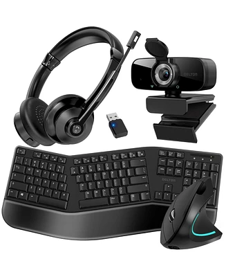 Delton KB200 Ergonomic Wireless Keyboard & S12 Vertical Mouse , 1080p Usb Webcam with Adjustable Mounting Clip, Bluetooth Headset with Usb Dongle, Com