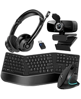 Delton KB200 Ergonomic Wireless Keyboard & S12 Vertical Mouse , 1080p Usb Webcam with Adjustable Mounting Clip, Bluetooth Headset with Usb Dongle, Com