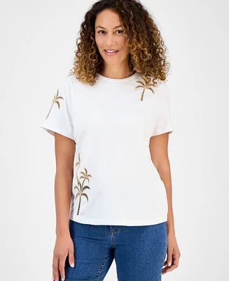 I.n.c. International Concepts Petite Cotton Palm Crewneck Tee, Exclusively at Macy's
