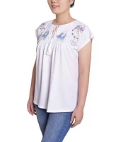 Ny Collection Women's Embroidered Yoke Extended Sleeve Top