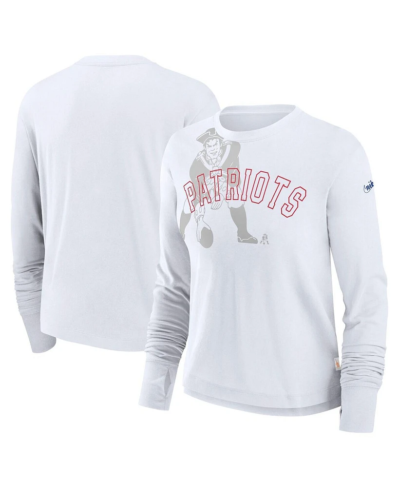 Nike Women's White New England Patriots Layered Logo Cropped Long Sleeve Fashion T-Shirt