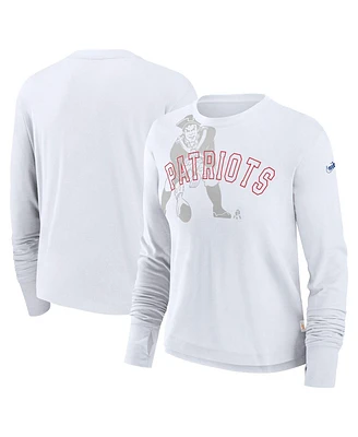 Nike Women's White New England Patriots Layered Logo Cropped Long Sleeve Fashion T-Shirt