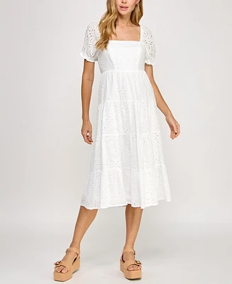 Crystal Doll Juniors' Cotton Eyelet Tie-Back Tiered Dress